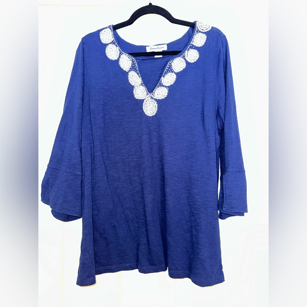 Tommy Bahama V-Neck Tunic Blouse Cover Up Coastal Blue Beaded Large